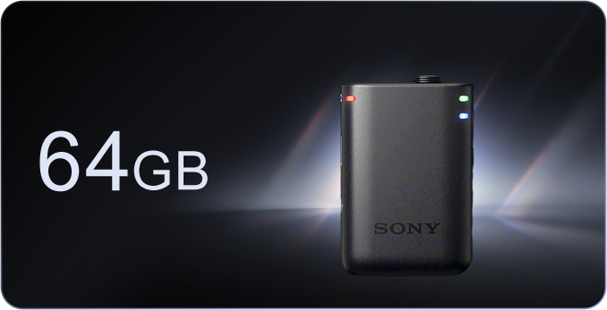 展示ECM-W5发射器正面外观特写，机身标注SONY标识与64G内置存储字样