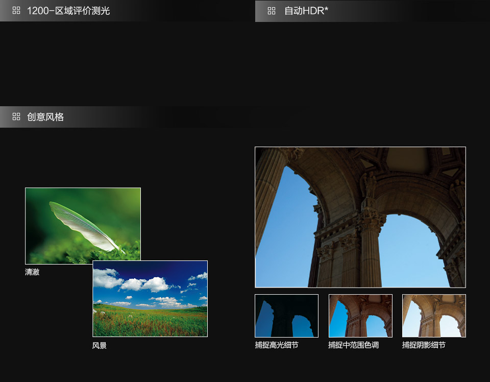 1200-区域评价测光、自动HDR和创意风格