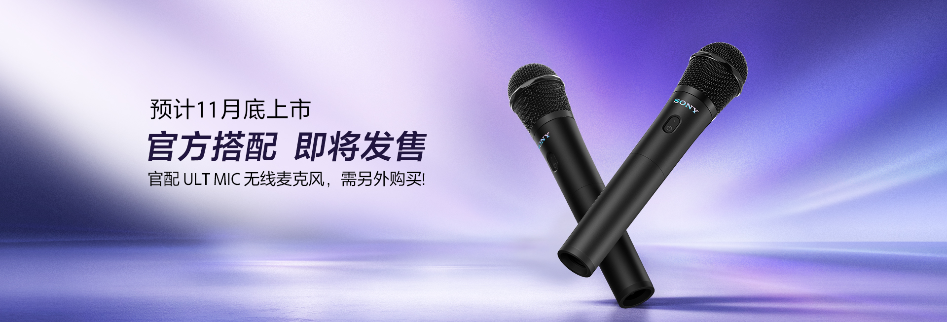 展示两支黑色无线麦克风，说明官配麦克风需另购的宣传场景